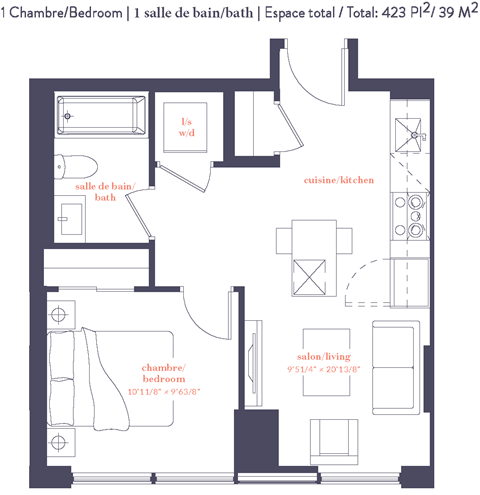 Floor plan for 1 bed, 1 bath, 684 sqft